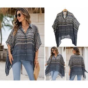Da-Nang Silk Poncho Blouse Boho Tribal Print Sheer Oversized Top